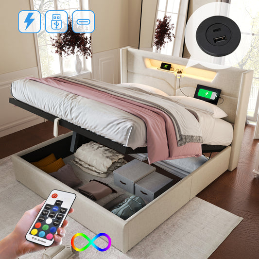 Gigab2b original image - Polsterbett LED Doppelbett mit USB Typ C Ladefunktion und LED-Beleuchtung,Stauraumbetten Bettgestell aus Leinenmaterial Jugendbett 140x200 mit lattenrost(Ohne Matratze)