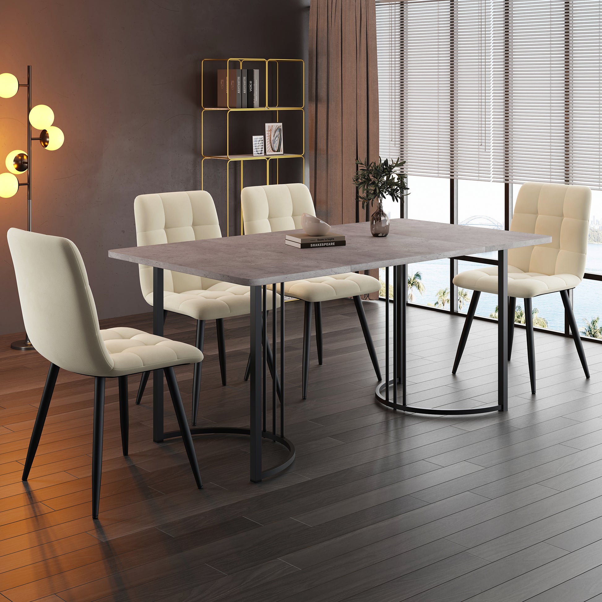 Gigab2b original image - Essgruppe (5-tlg),Esstisch mit 4 Stühlen Set,  Moderner Küchentisch Set , 140×80cm Küchentisch mit  Schwarz Metallbeinen, MDF Tischplatte in Grau,Beige Samt Esszimmerstühle