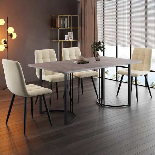 Gigab2b original image - Essgruppe (5-tlg),Esstisch mit 4 Stühlen Set,  Moderner Küchentisch Set , 140×80cm Küchentisch mit  Schwarz Metallbeinen, MDF Tischplatte in Grau,Beige Samt Esszimmerstühle
