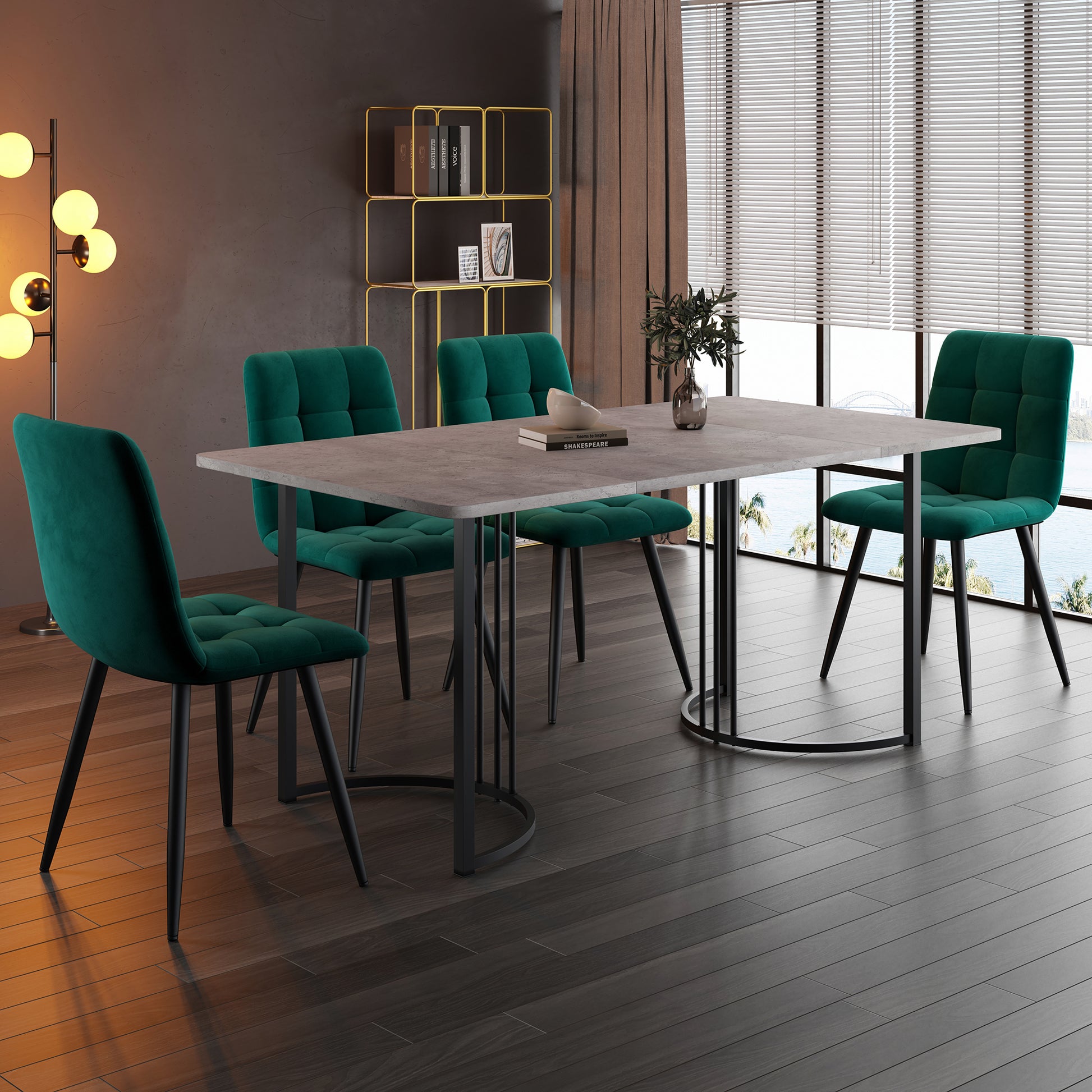 Gigab2b original image - Essgruppe (5-tlg),Esstisch mit 4 Stühlen Set,  Moderner Küchentisch Set , 140×80cm Küchentisch mit Schwarz Metallbeinen, MDF Tischplatte in Grau,Dunkelgrün Samt Esszimmerstühle