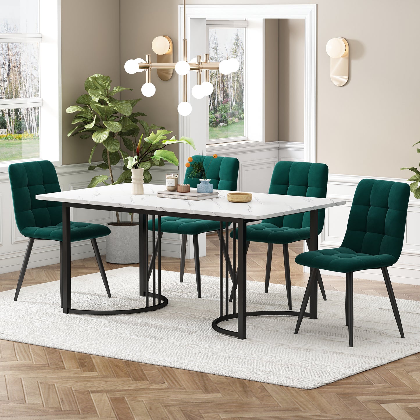 Gigab2b original image - Essgruppe (5-tlg),Esstisch mit 4 Stühlen Set,  Moderner Küchentisch Set , 140×80cm Küchentisch mit Schwarz Metallbeinen, MDF Tischplatte in Weißer,Dunkelgrün Samt Esszimmerstühle