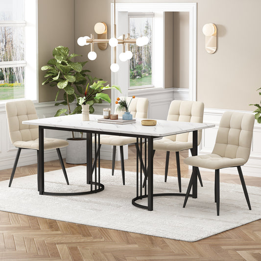 Gigab2b original image - Essgruppe (5-tlg),Esstisch mit 4 Stühlen Set,  Moderner Küchentisch Set , 140×80cm Küchentisch mit  Schwarz Metallbeinen, MDF Tischplatte in Weißer,Beige Samt Esszimmerstühle