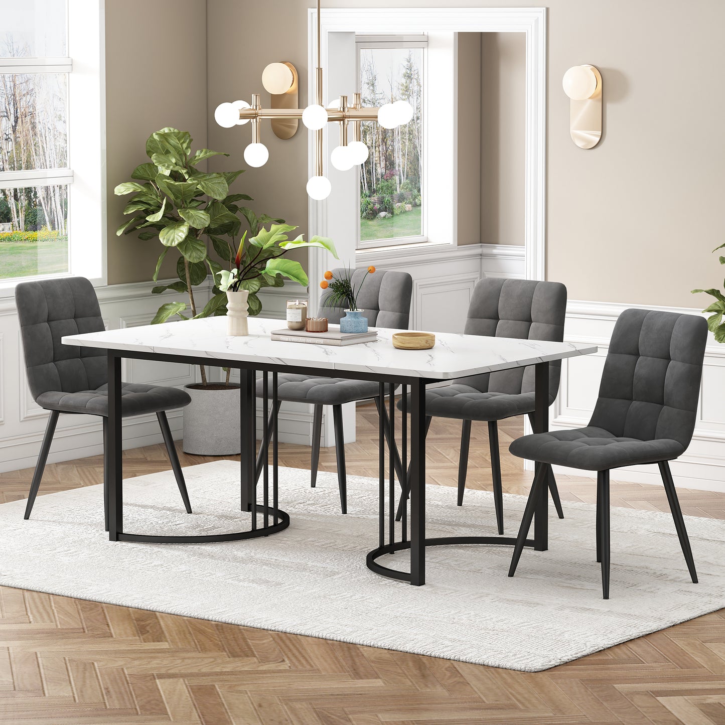 Gigab2b original image - Essgruppe (5-tlg),Esstisch mit 4 Stühlen Set,  Moderner Küchentisch Set , 140×80cm Küchentisch mit  Schwarz Metallbeinen, MDF Tischplatte in Weißer,Dunkelgrau Samt Esszimmerstühle