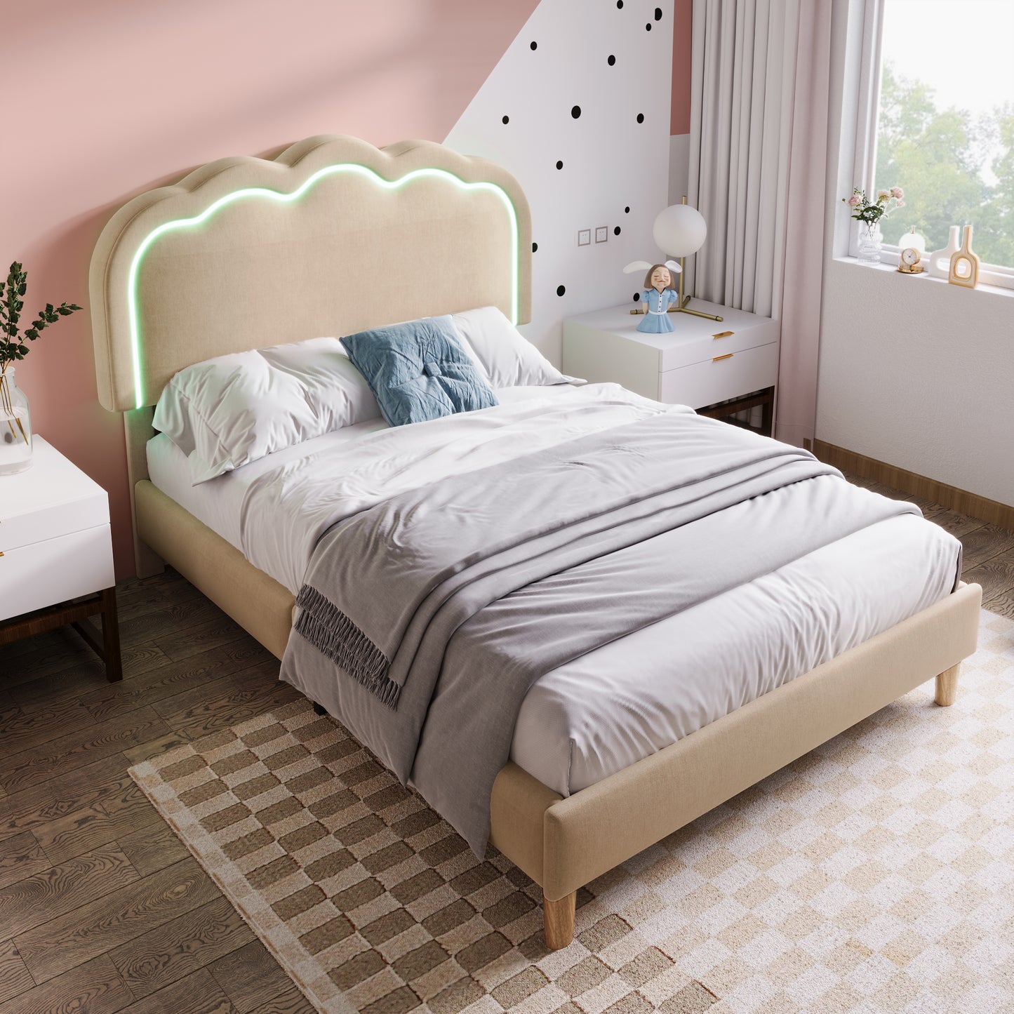 Gigab2b original image - Polsterbett LED Einzelbett 90 x 200 cm, Bettgestell mit Lattenrost und Verstellbares Kopfteil, Gepolstertes bett in Beige,Bettrahmen Jugendbett für Schlafzimmer Gästezimmer-Leinenmaterial