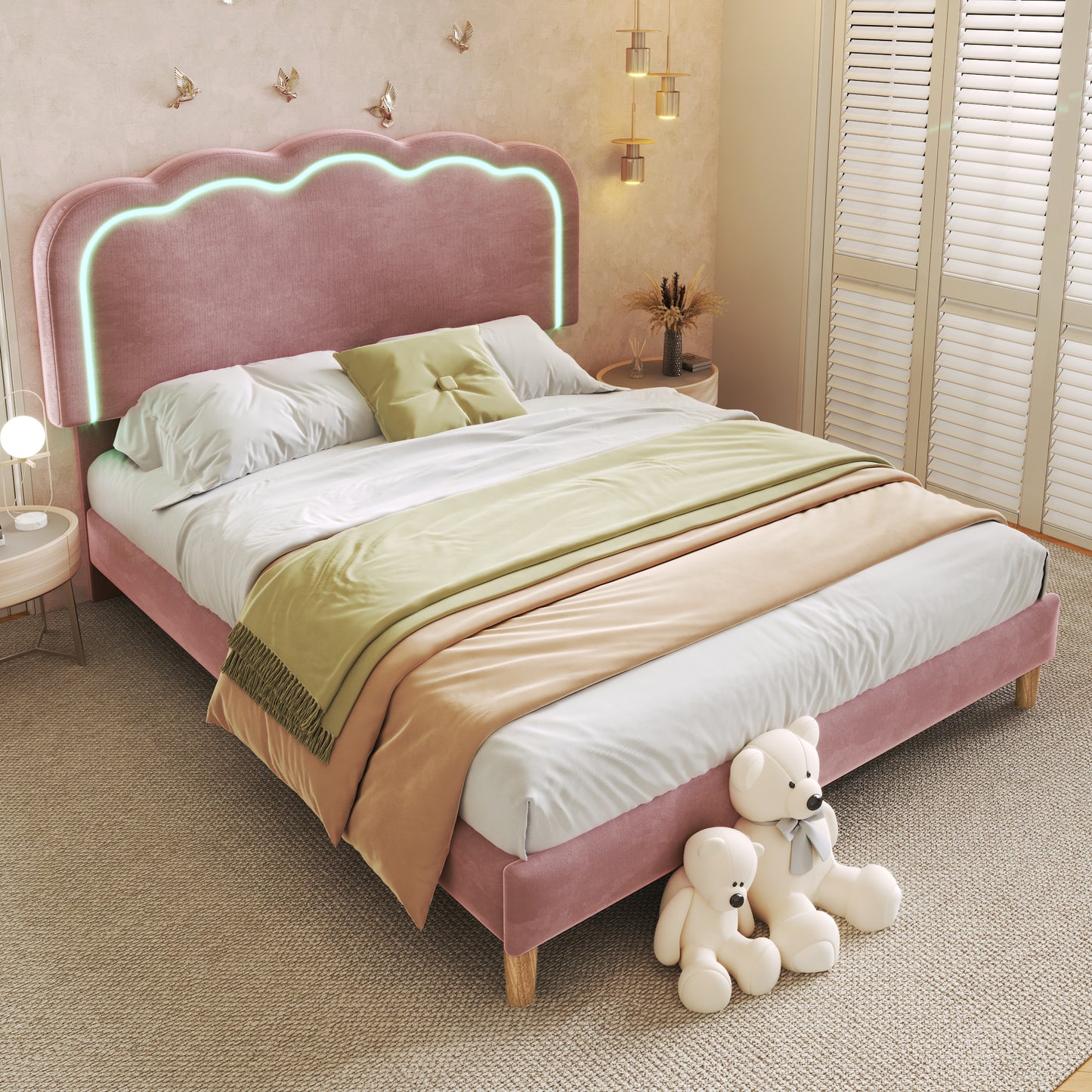 Gigab2b original image - Polsterbett LED Doppelbett 140 x 200cm, Bettgestell mit Lattenrost und Verstellbares Kopfteil, Gepolstertes bett in Rosa,Bettrahmen Jugendbett für Schlafzimmer Gästezimmer-Samt