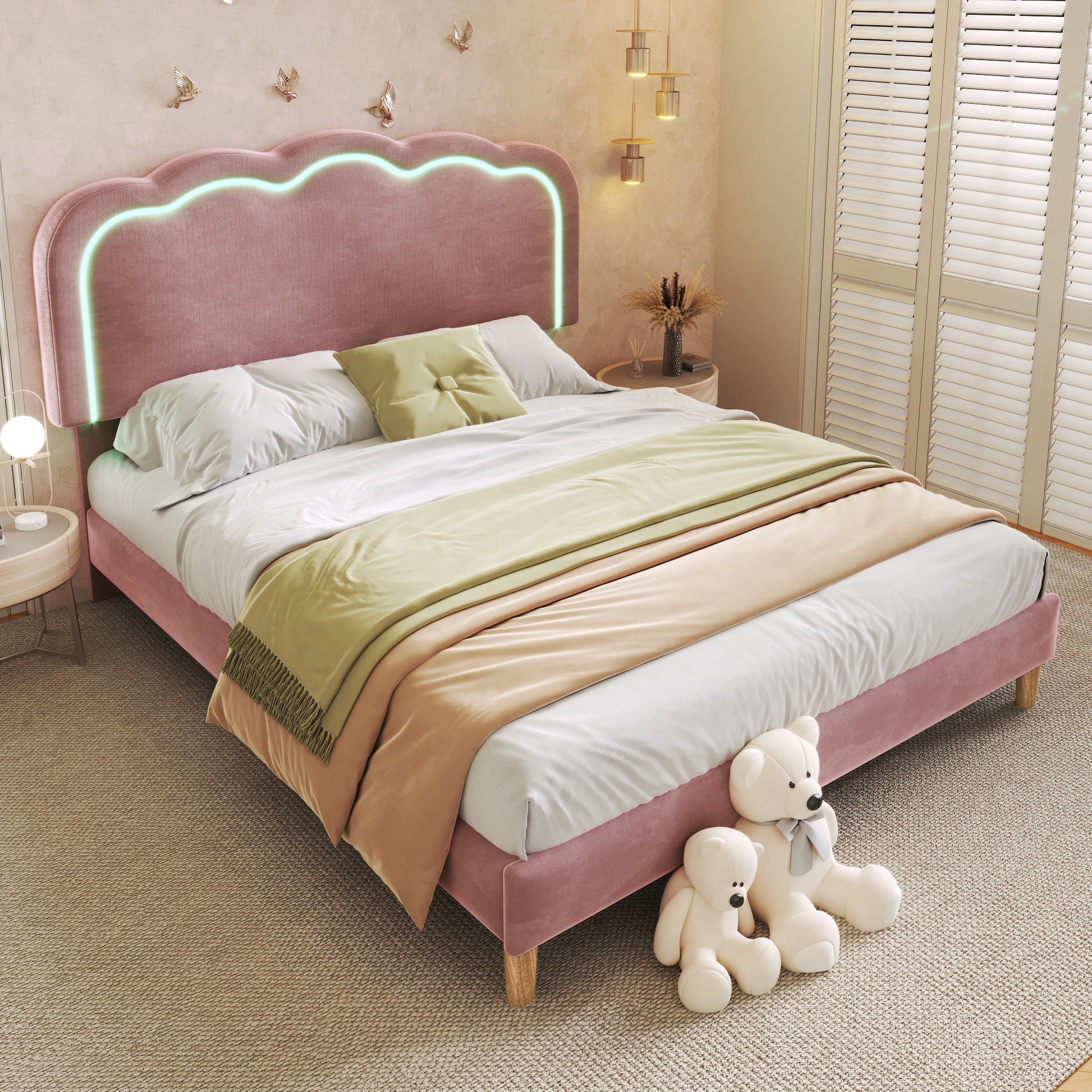Gigab2b original image - Polsterbett LED Doppelbett 140 x 200cm, Bettgestell mit Lattenrost und Verstellbares Kopfteil, Gepolstertes bett in Rosa,Bettrahmen Jugendbett für Schlafzimmer Gästezimmer-Samt