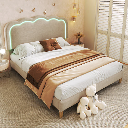 Gigab2b original image - Polsterbett LED Doppelbett 140 x 200cm, Bettgestell mit Lattenrost und Verstellbares Kopfteil, Gepolstertes bett in Beige,Bettrahmen Jugendbett für Schlafzimmer Gästezimmer-Leinenmaterial