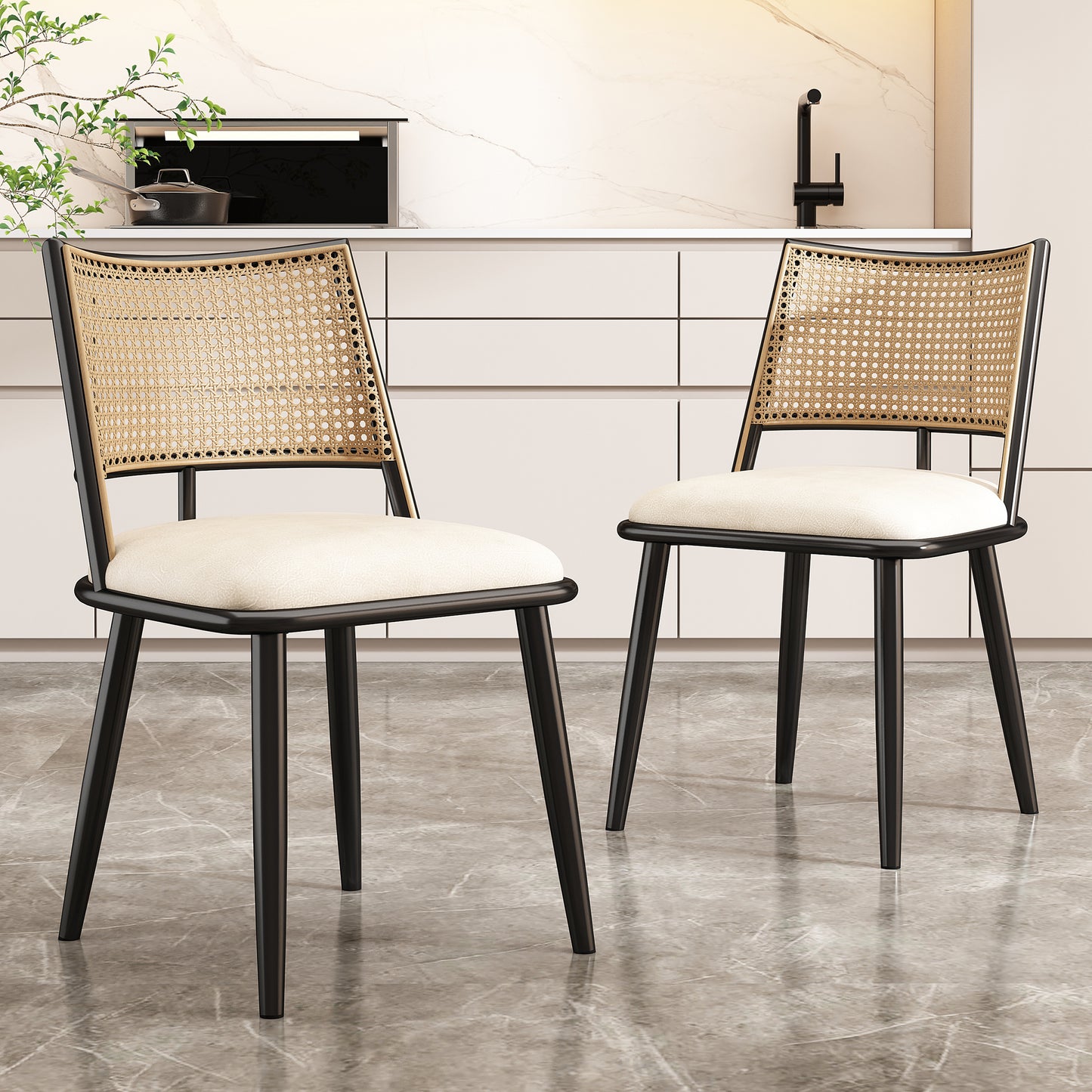 2 Esszimmerstühle,PU-Sitz,Rattan-Rückenlehne,Wohnzimmer,Schlafzimmerstuhl,Schwarz