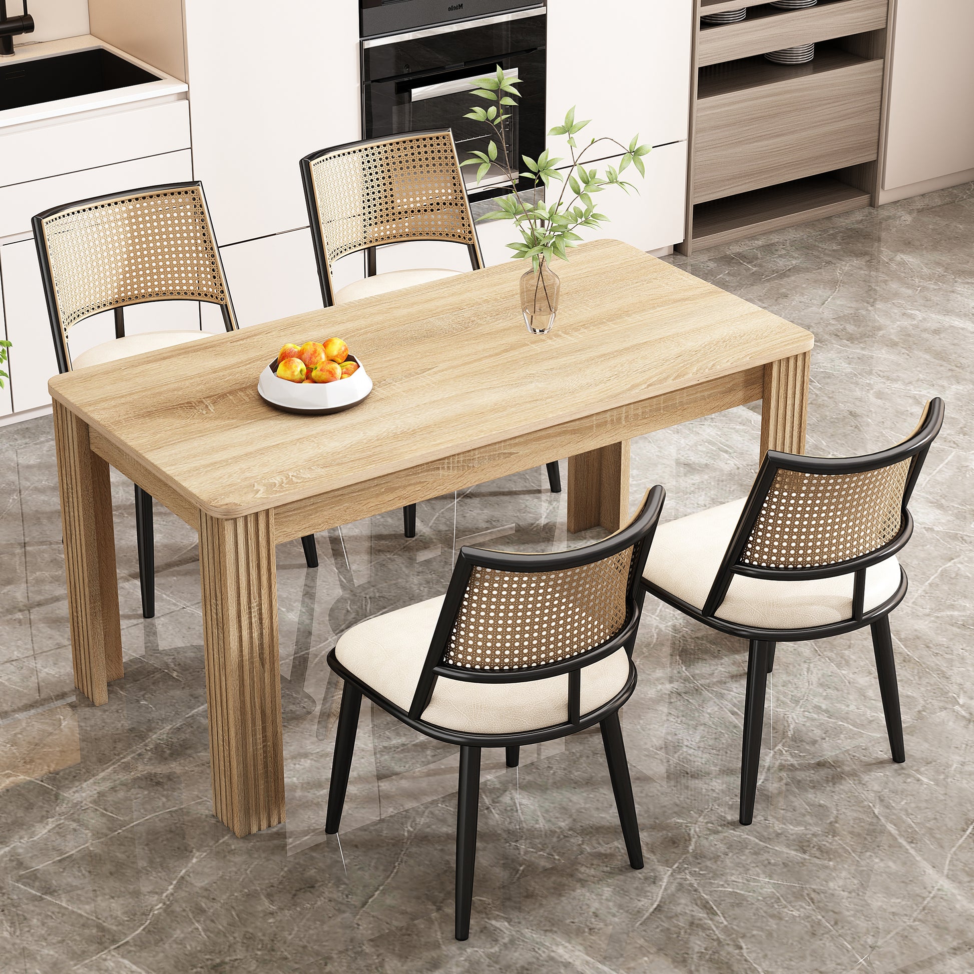 4 Esszimmerstühle,PU-Sitz,Rattan-Rückenlehne,Wohnzimmer,Schlafzimmerstuhl,Schwarz
