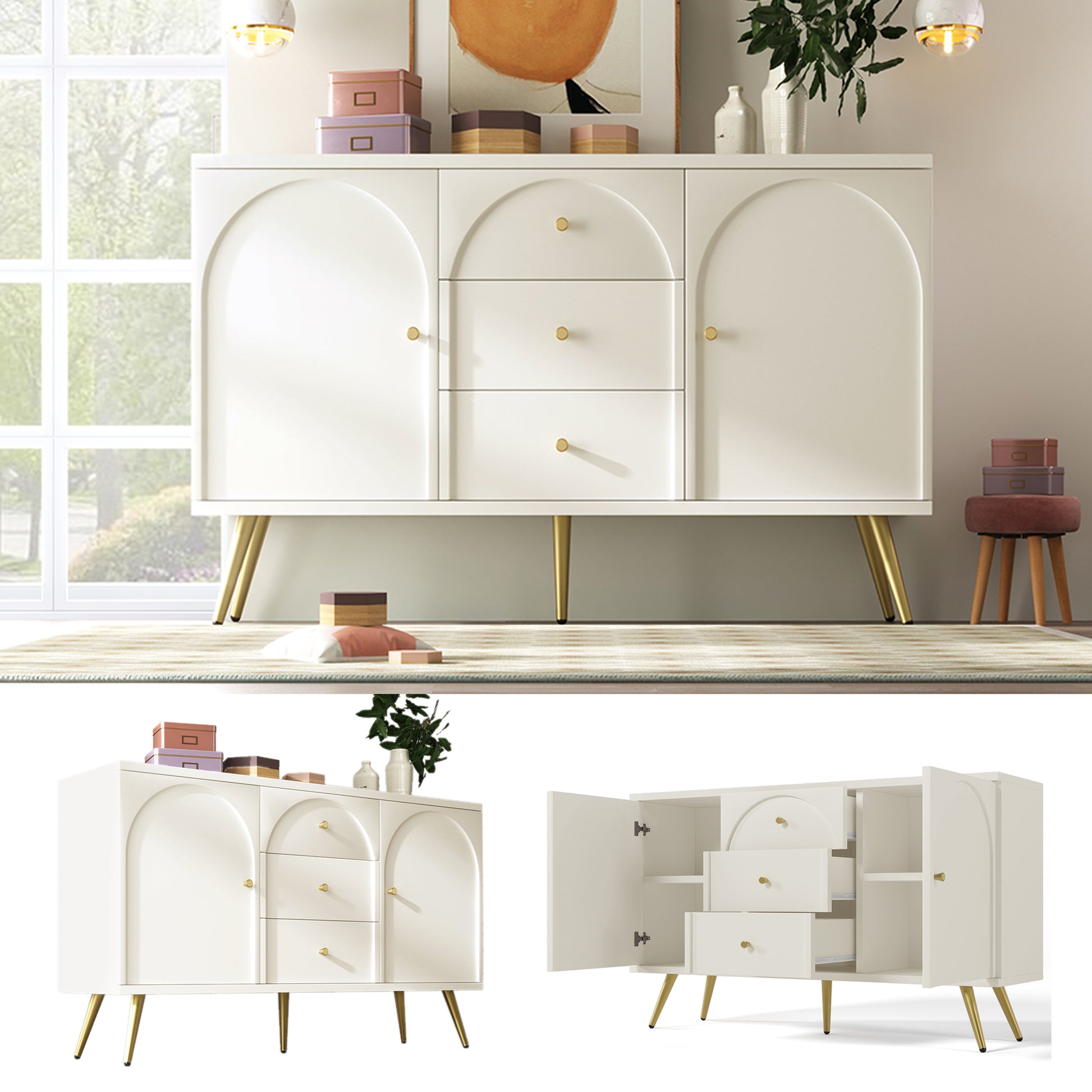 Gigab2b original image - Kommode mit 2 Türen und 3 Schubladen, Weiß Türkommoden mit Schubkasten, Verstellbare Ablage, für Wohnzimmer Schlafzimmer, Creme-Weiß-H84/B140/T40 cm