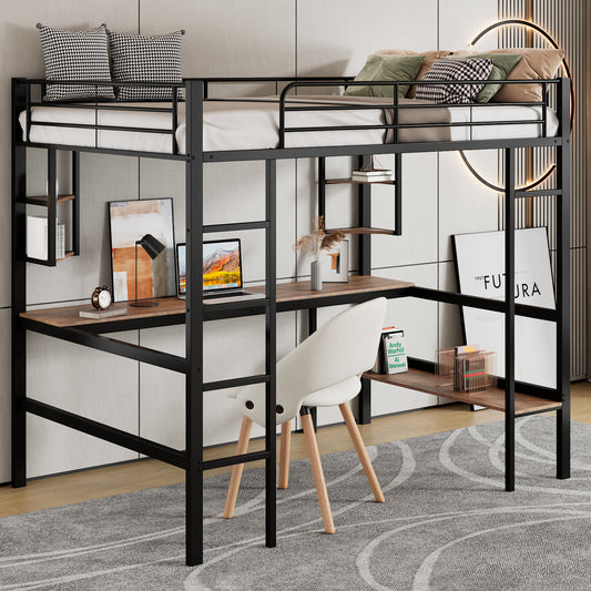 90x200cm Bettgestell Metallbett, Eisenbett mit Schreibtisch, Hochbett mit vier kleinen Regalen und einem großen Bücherregal für Kinder, Jugendliche und Erwachsene, schwarz