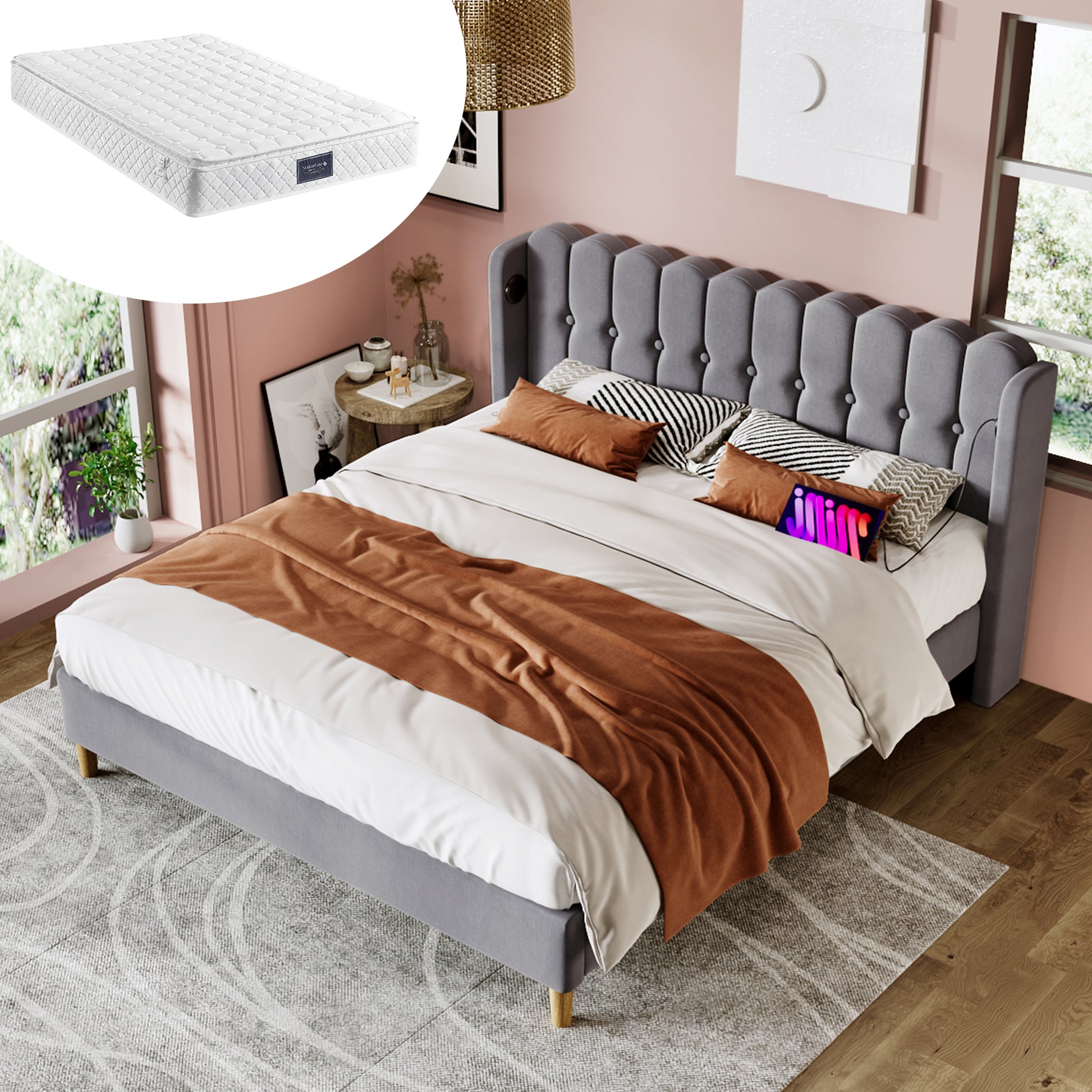 Gigab2b original image - Polsterbett  Doppelbett  mit USB Typ C Ladefunktion, Bettgestell mit Lattenrost , Gepolstertes bett in Grau,140 x 200 cm Bettrahmen Jugendbett für Schlafzimmer Gästezimmer-Leinenmaterial(Mit Matratze)