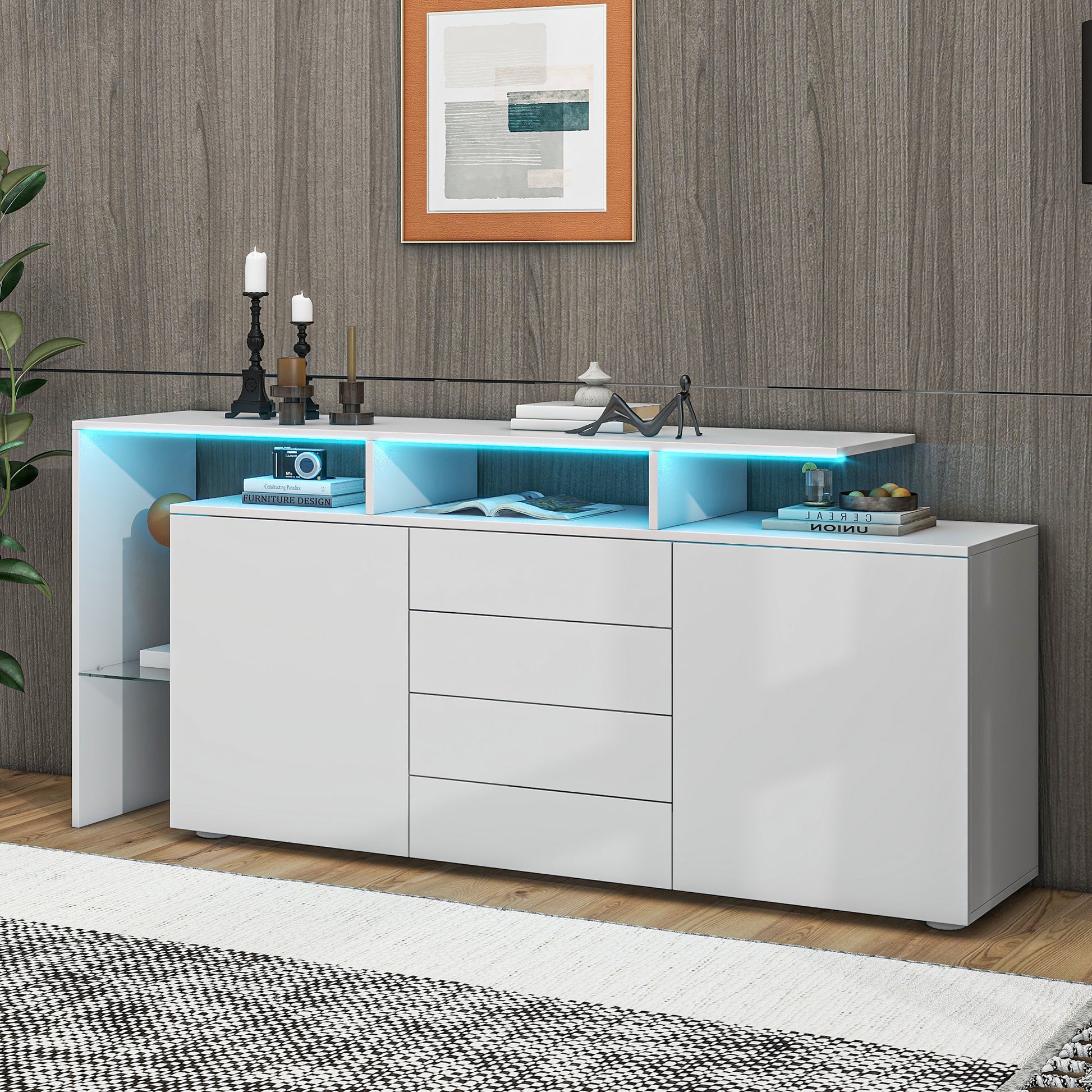=316198199WAA Kommode, Sideboard mit LED, Wohnzimmermöbel in Weiß Hochglanz, Wohnzimmerschrank, Standschrank, TV-Schrank, Wohnzimmerwand, Highboard, Mehrzweckschrank, Buffetschrank Esszimmer