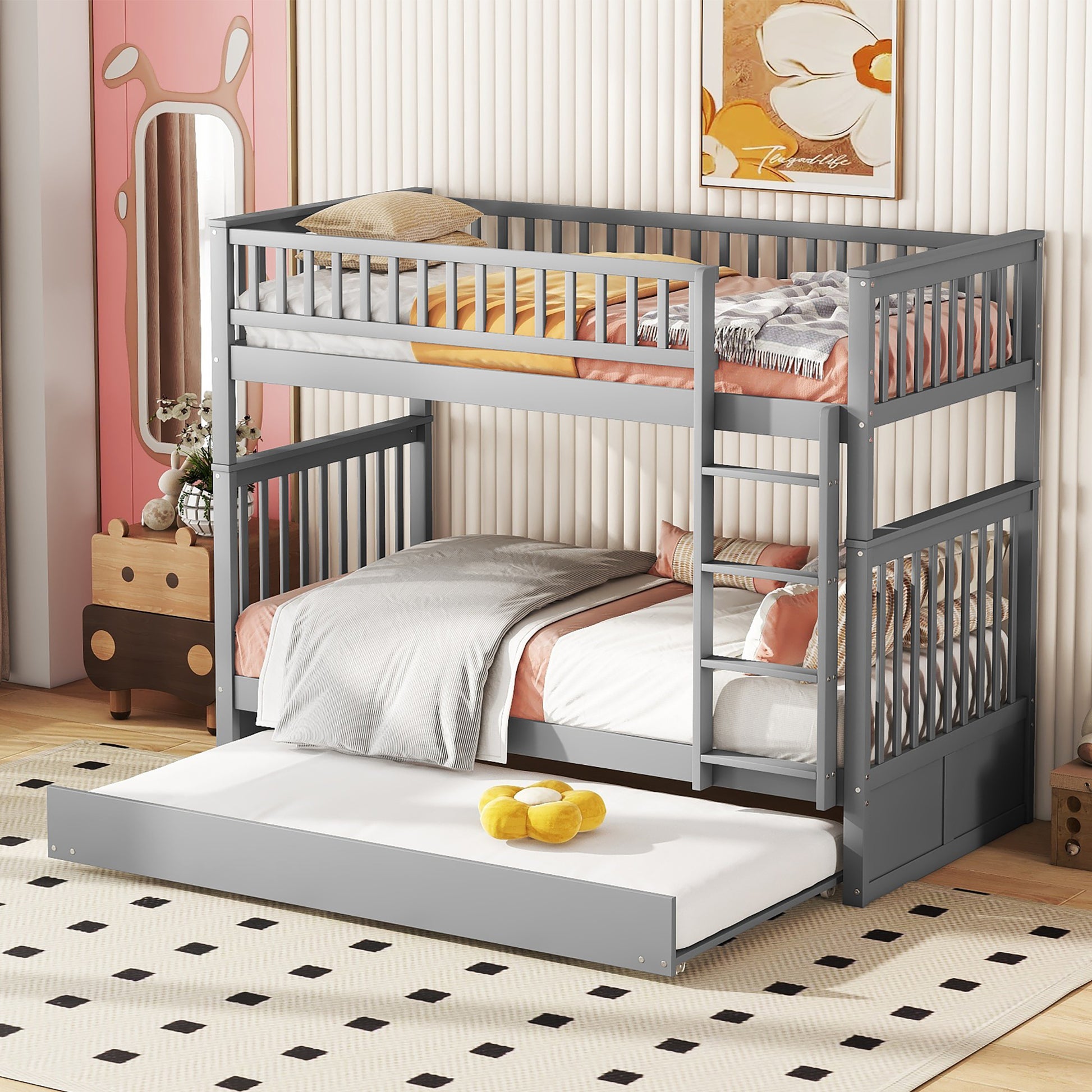 90*200cm Etagenbetten Kinderbetten Dreierbetten Etagenbetten mit Ausziehbett Hohe Geländer Stabile Treppe Grau