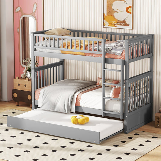 90*200cm Etagenbetten Kinderbetten Dreierbetten Etagenbetten mit Ausziehbett Hohe Geländer Stabile Treppe Grau