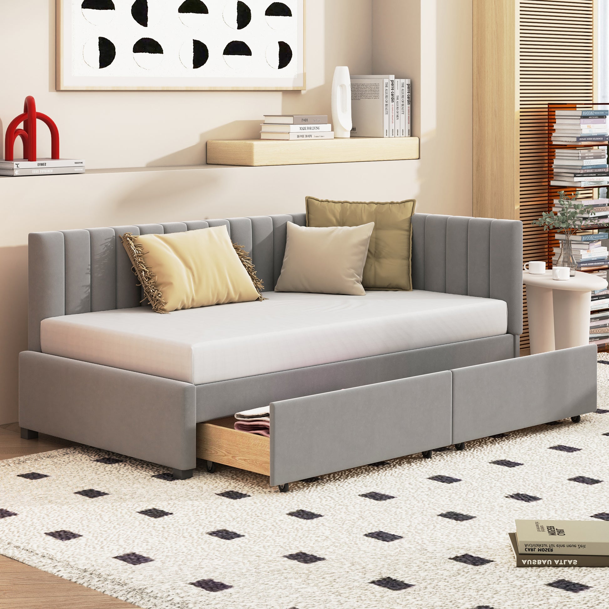 Gigab2b original image - Polsterbett Schlafsofa 90*200 Multifunktionsbett mit 2 großen Stauraumschubladen und Lattenrost hautfreundlicher Samtstoff Grau