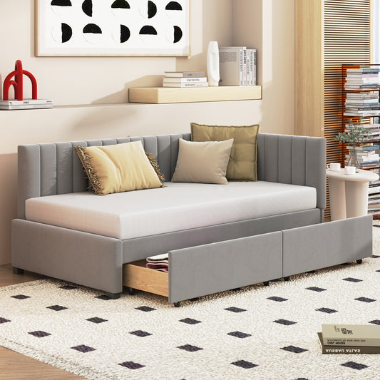Gigab2b original image - Polsterbett Schlafsofa 90*200 Multifunktionsbett mit 2 großen Stauraumschubladen und Lattenrost hautfreundlicher Samtstoff Grau