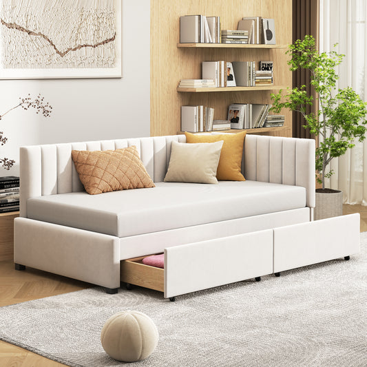 Gigab2b original image - Polsterbett Schlafsofa 90*200 Multifunktionsbett mit 2 großen Stauraumschubladen und Lattenrost hautfreundlicher Samtstoff Beige