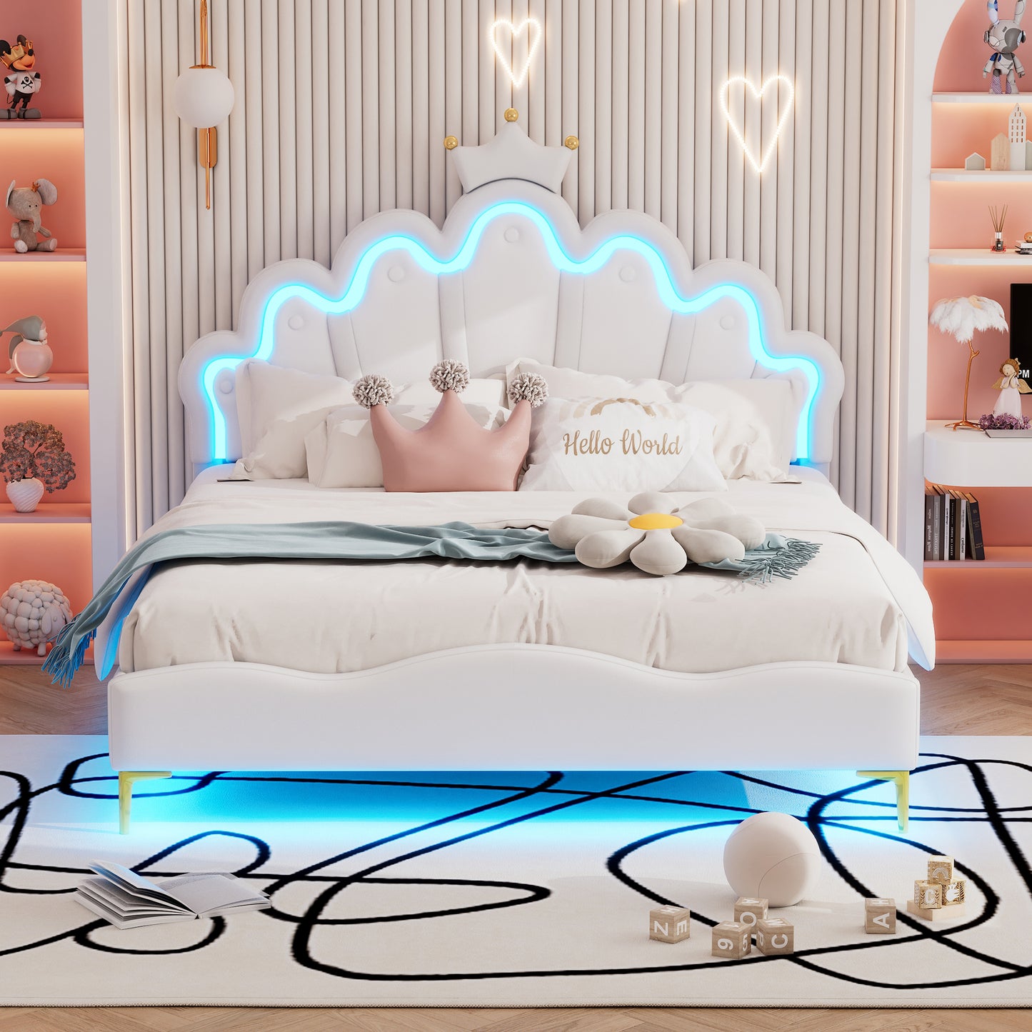 140*200cm Flaches Doppelbett, kronenförmiges Prinzessinnenbett, weiche Polsterung aus PU-Leder, verstellbarer LED-Umgebungslichtstreifen, weiß