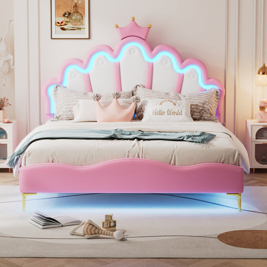 140*200cm Flaches Doppelbett, kronenförmiges Prinzessinnenbett, weiche Polsterung aus PU-Leder, verstellbarer LED-Umgebungslichtstreifen,Rosa