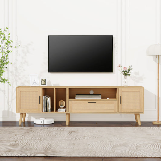 Gigab2b original image - Geräumiger 180-cm-TV-Schrank mit Rattan-Dekoration, 2 Türen und einer Schublade, Beine aus Massivholz, bietet Platz für einen 80-Zoll-Fernseher, TV-Aufbewahrungsschrank, TV-Schrank