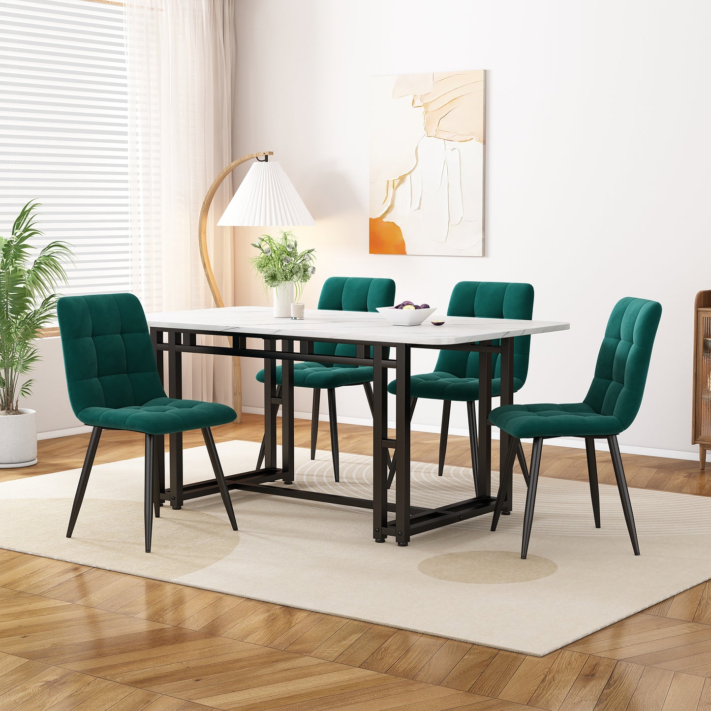 120x70cm Schwarz Esstisch mit 4 Stühlen Set,Moderne Küche Esstisch Set, dunkelgrüner Samt Esszimmerstühle, Schwarz Eisen Beintisch