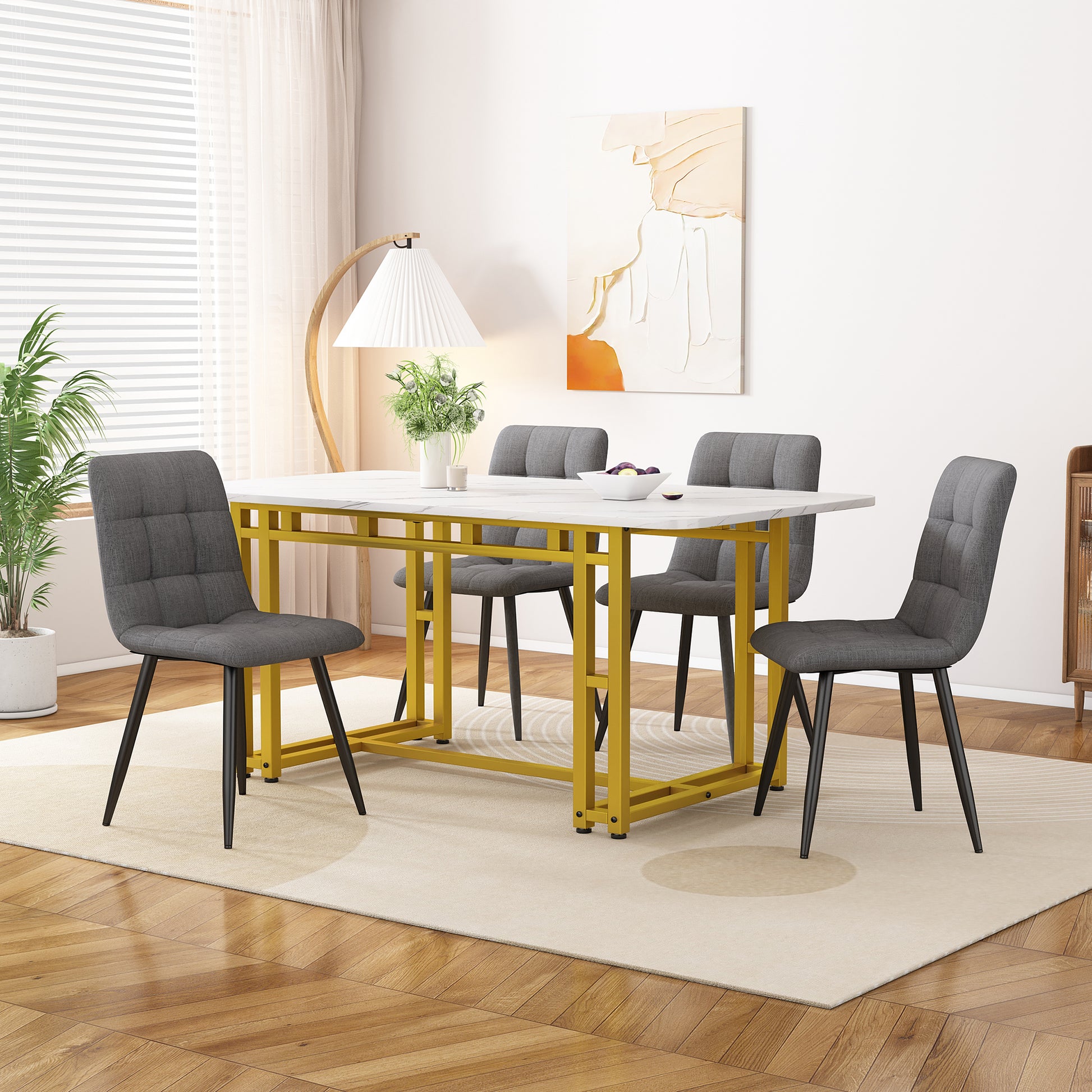 120x70cm Golden Esstisch mit 4 Stühlen Set,Moderne Küche Esstisch Set, Dunkelgrauer Leinen Esszimmerstuhl, Golden Eisen Beintisch