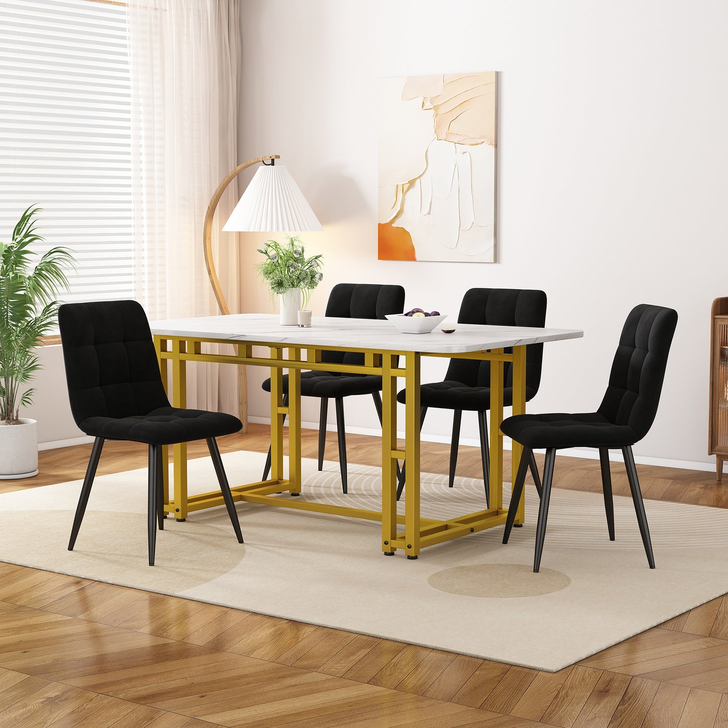 120x70cm Golden Esstisch mit 4 Stühlen Set,Moderne Küche Esstisch Set, Schwarz  Samt Esszimmerstühle, Golden Eisen Beintisch