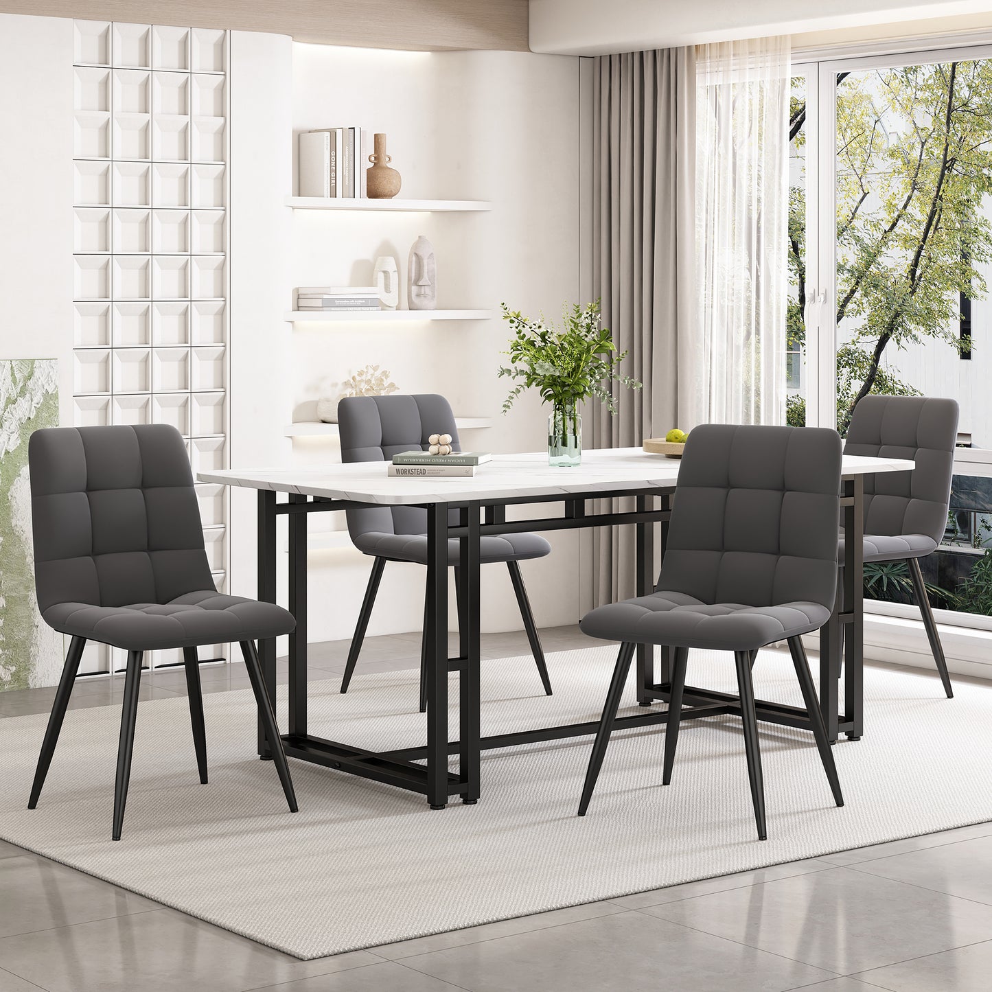 140x80cm Schwarz Esstisch mit 4 Stühlen Set,Moderne Küche Esstisch Set, Dunkelgrauer Samt Esszimmerstühle, Schwarz Eisen Beintisch