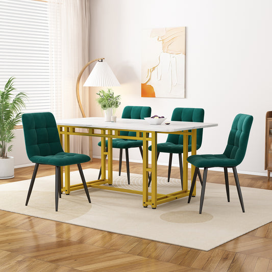 120x70cm Gold Esstisch mit 4 Stühlen Set,Moderne Küche Esstisch Set, dunkelgrüner Samt Esszimmerstühle, Gold Eisen Beintisch