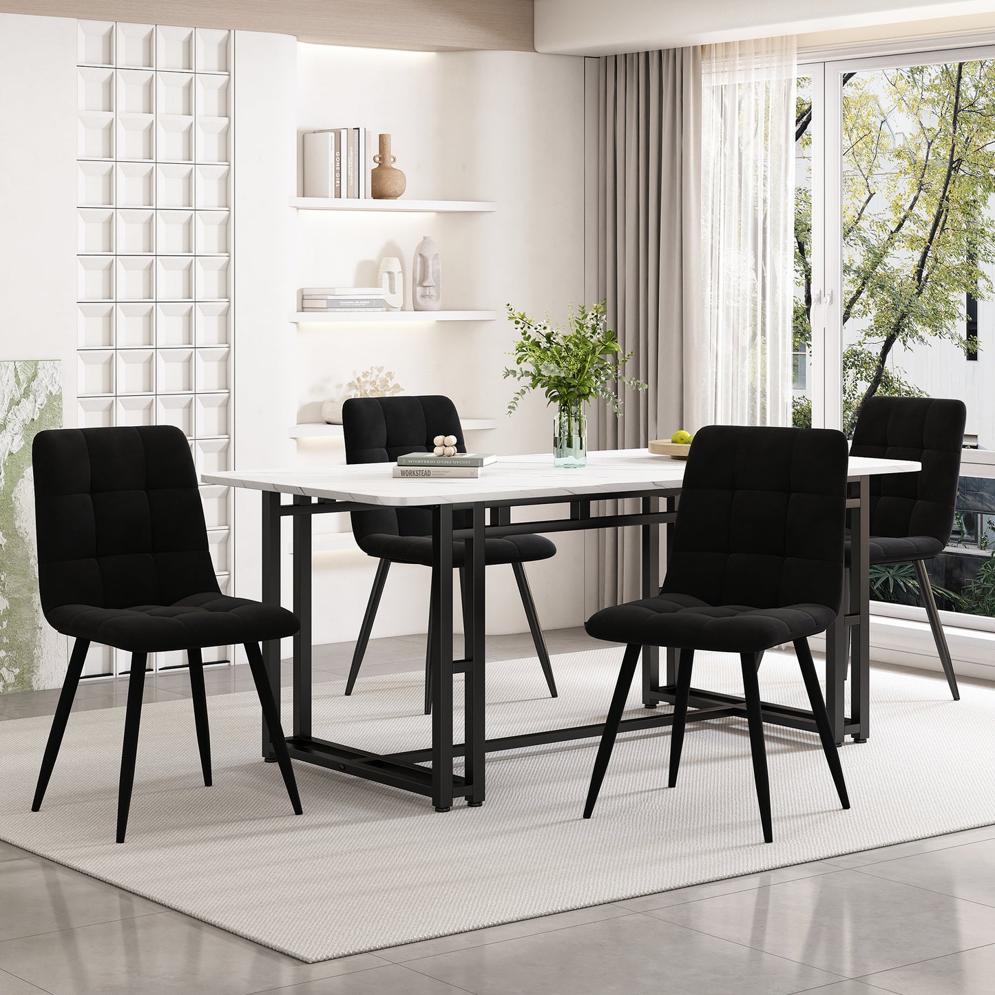 140x80cm Schwarz Esstisch mit 4 Stühlen Set,Moderne Küche Esstisch Set, Schwarz Samt Esszimmerstühle, Schwarz Eisen Beintisch