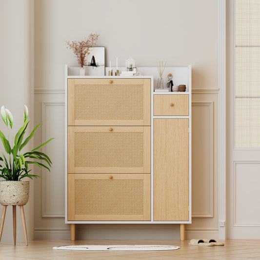 Gigab2b original image - Holzwerkstoff Schuhschrank aus Rattan – geeignet für enge Eingänge – 3 Kipp-Türen und 1 Schublade – mit Massivholzbeinen und Griffen – Maße: B90/H125/T17 cm
