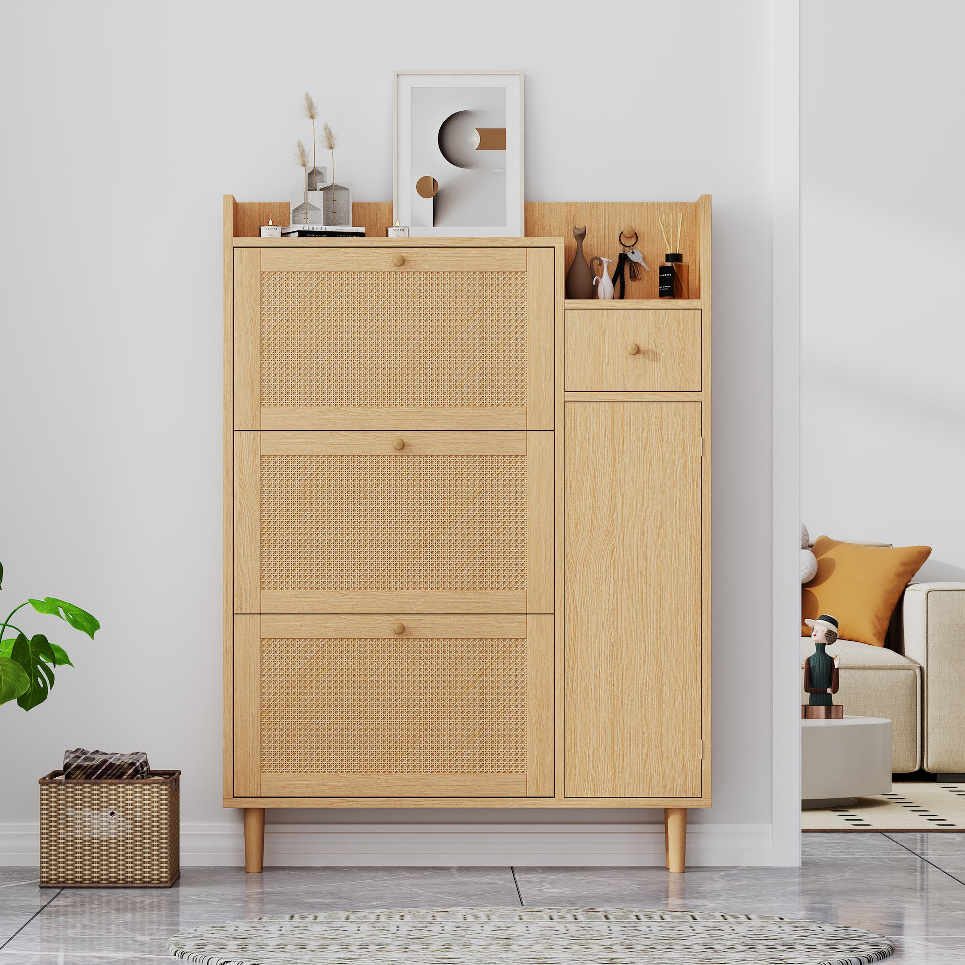 Gigab2b original image - Holzwerkstoff Schuhschrank aus Rattan – geeignet für enge Eingänge – 3 Kipp-Türen und 1 Schublade – mit Massivholzbeinen und Griffen – Maße: B90/H125/T17 cm