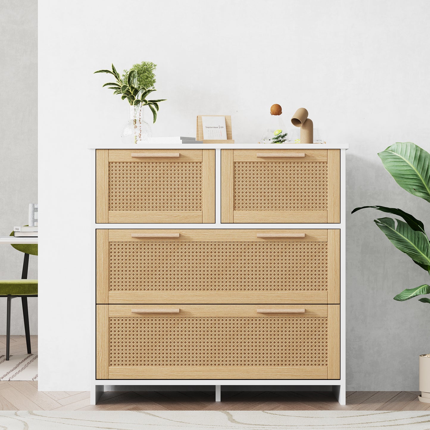 Gigab2b original image - Hochwertiger 4-Schubladen-Rattanschrank mit Massivholzgriffen - Geeignet für Schlafzimmer, Wohnzimmer, Esszimmer, Flur - Maße: B80/H80/T38 cm