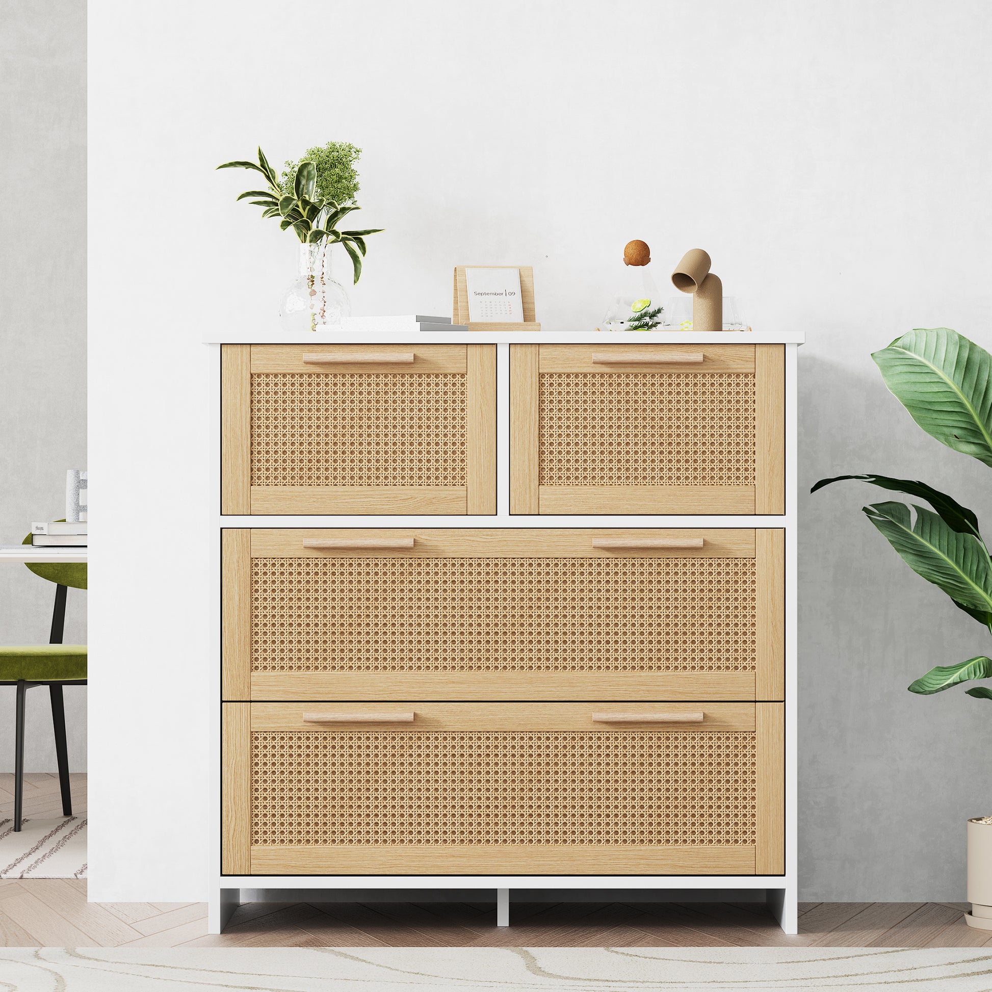 Gigab2b original image - Hochwertiger 4-Schubladen-Rattanschrank mit Massivholzgriffen - Geeignet für Schlafzimmer, Wohnzimmer, Esszimmer, Flur - Maße: B80/H80/T38 cm