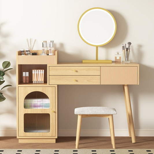 Gigab2b original image - Schminktisch-Set, Kosmetiktisch mit LED-Spiegel und 3-Farbiger Beleuchtung, Schminktisch aus Holz für Schlafzimmerstudio - Maße: B120/H90/T40 cm(ohne Hocker) (Old sku: RN3198724AAA)