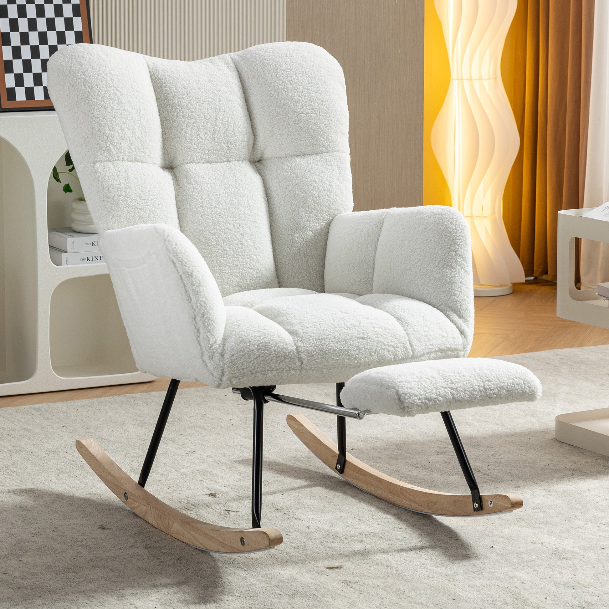 009B Nouvelle Chaise Berçante Rembourrée En Tissu Teddy Tissée Avec Repose-Pieds Escamotable, Blanche