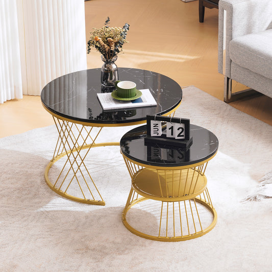 Gigab2b original image - WF319028AAB)Moderne Nesting Couchtisch, Hochglanz Couchtisch Satz ,Marmor Furnier Sofa Seite Nest von Tischen Runde Endtische, Satz von 2, Goldene Farbe Frame
