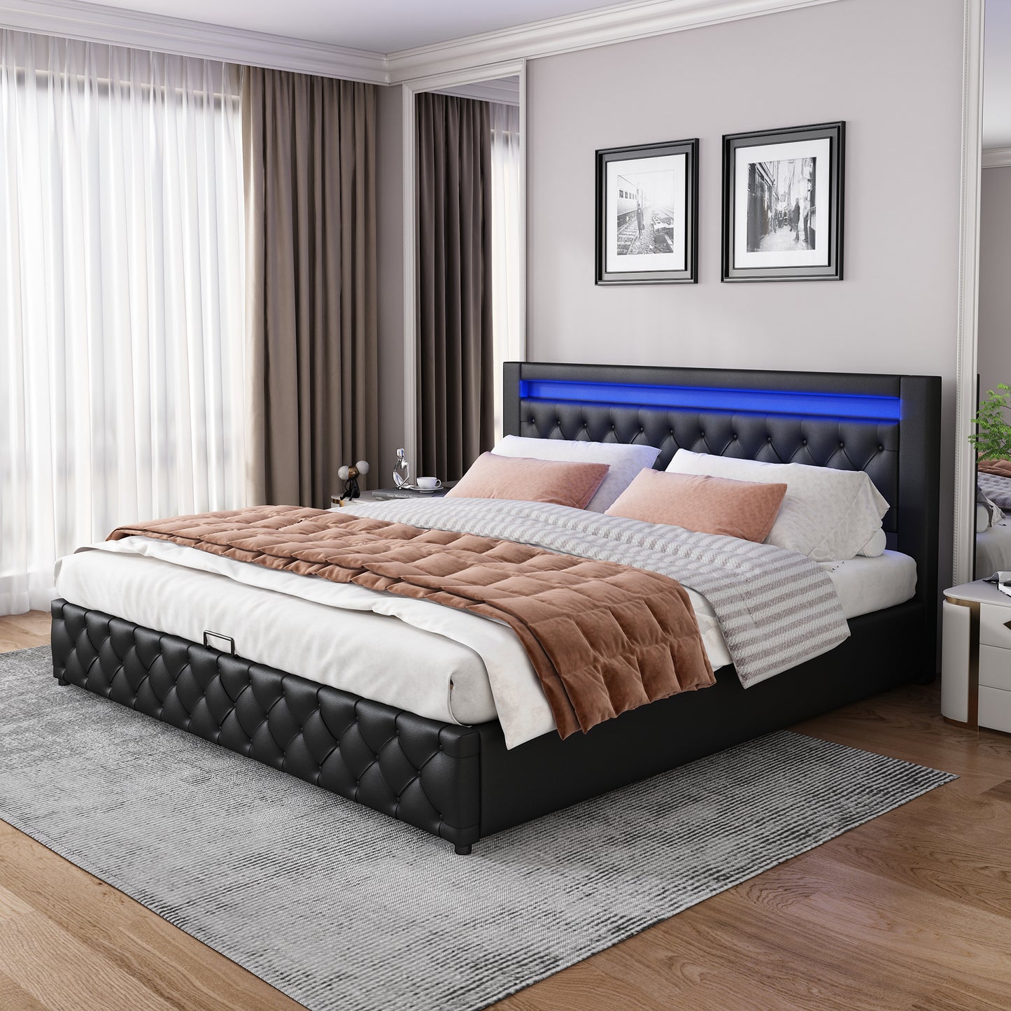 Gigab2b original image - Polsterbett 140 x 200 cm, Funktionsbett mit Lattenrost und Stauraum, mit LED-Beleuchtung, mit Funktion von Aufbewahrung, schwarz, PU