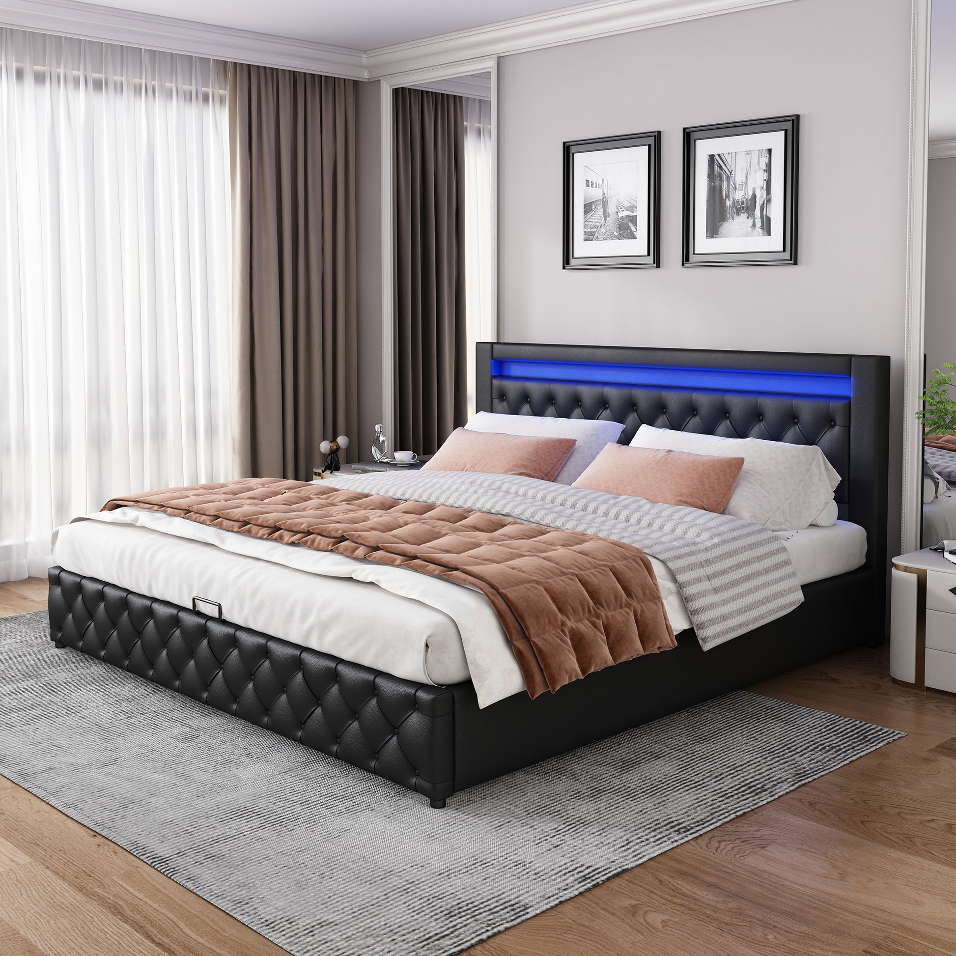 Gigab2b original image - Polsterbett 140 x 200 cm, Funktionsbett mit Lattenrost und Stauraum, mit LED-Beleuchtung, mit Funktion von Aufbewahrung, schwarz, PU
