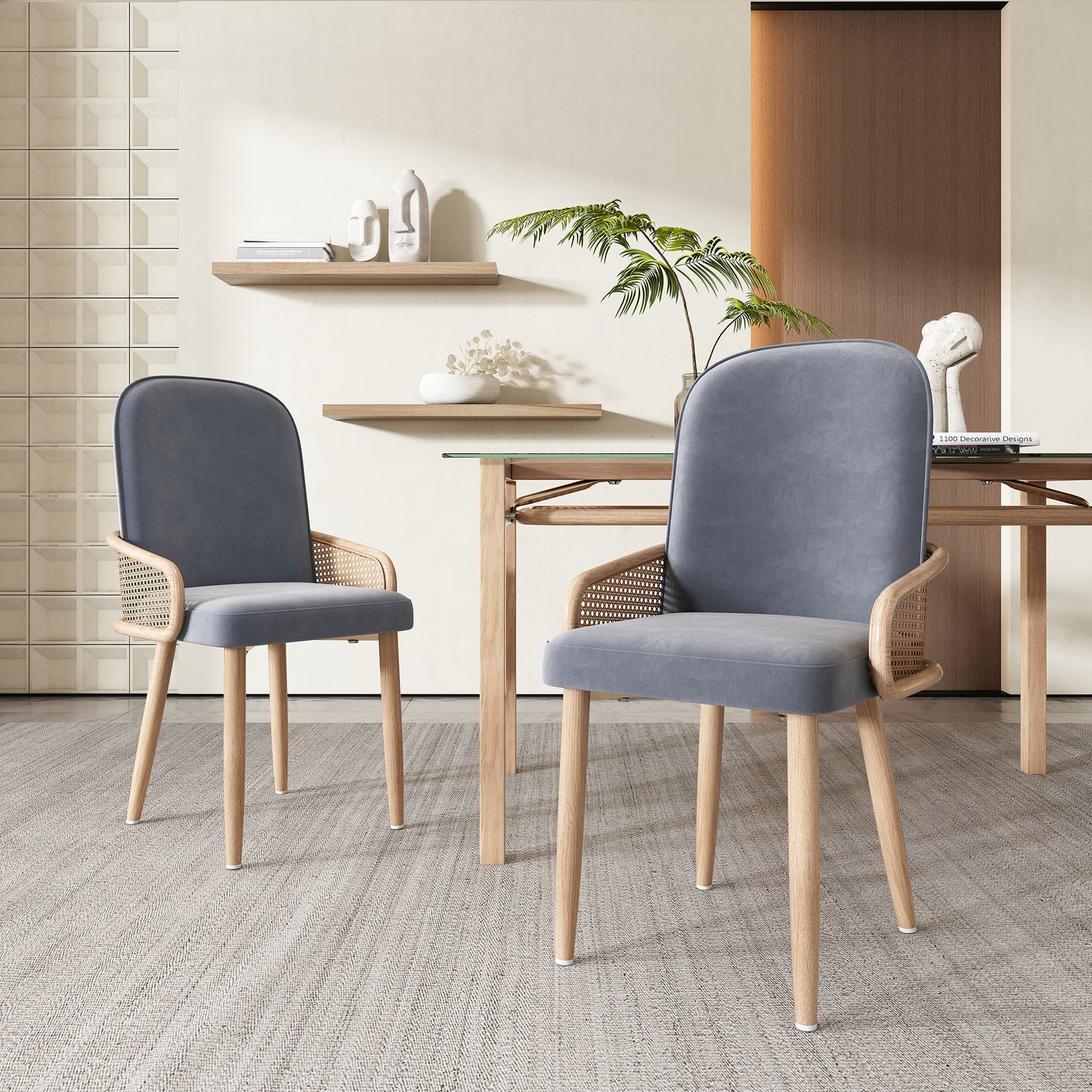 Gigab2b original image - Esszimmerstuhl aus Samt, 2er-Set, Rattan-Design, Wohnzimmer, Schlafzimmer, Mit vier Metallbeinen (Holzmaserungseffekt), Grau