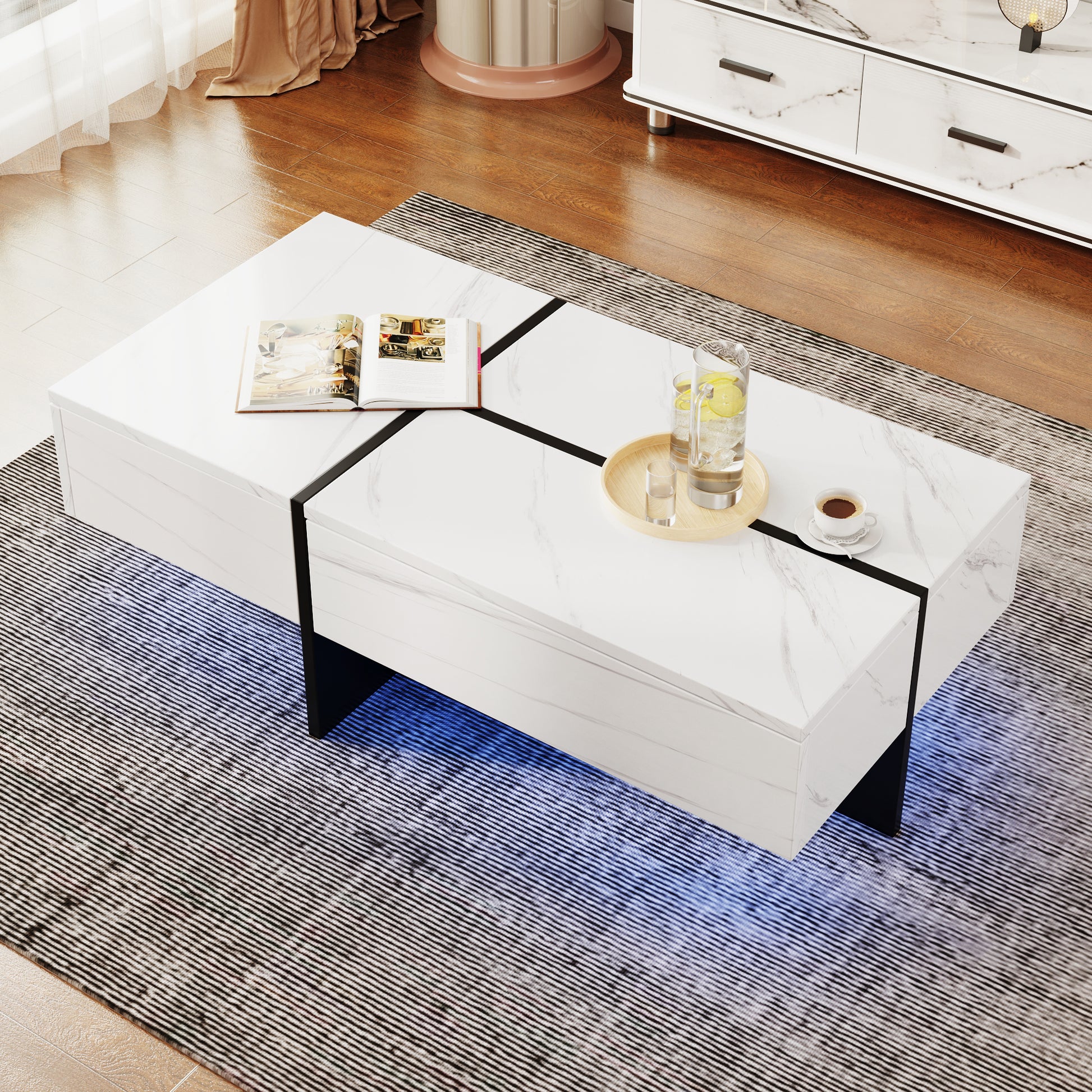 Gigab2b original image - Hochglänzender Couchtisch, Struktur aus weißem Marmorimitat und farblich passender Tisch in Schwarz, Wohnzimmermöbel, 100*50*34,5cm, mit App-gesteuertem LED-Beleuchtungssystem