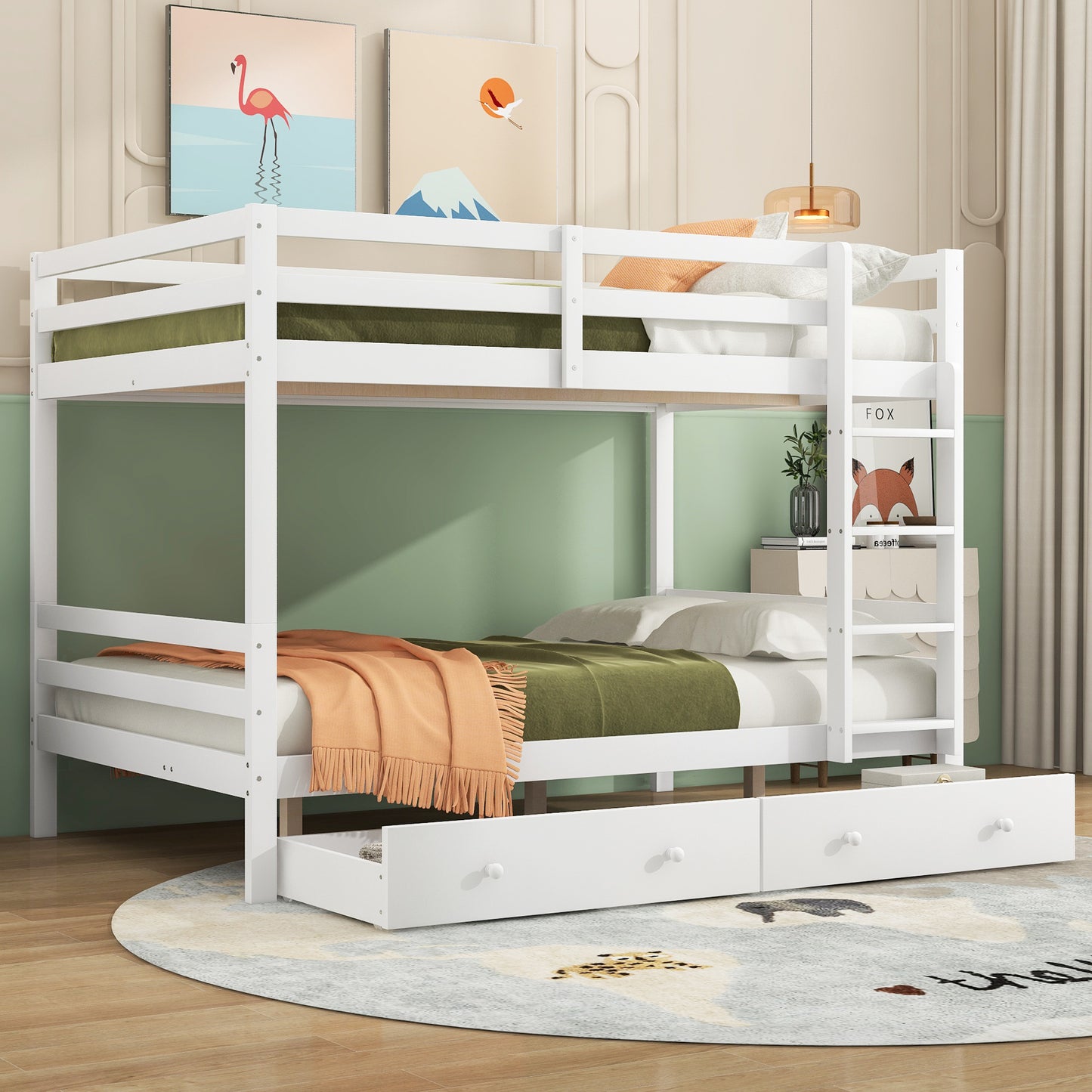 140*200cm Etagenbett Kinderbetten mit Schubladen, Stauraum, Hohe Geländer, Weiß