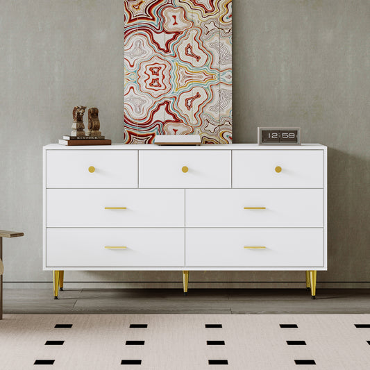 Gigab2b original image - Weißes Sideboard, 7 Schubladen, goldene Griffe, goldene Beine, glatte Schubladenführungen, 140*35*76cm, Esszimmer Anrichte Sideboard Küchenschrank Aufbewahrungsschrank Riser Schubladen Kommode