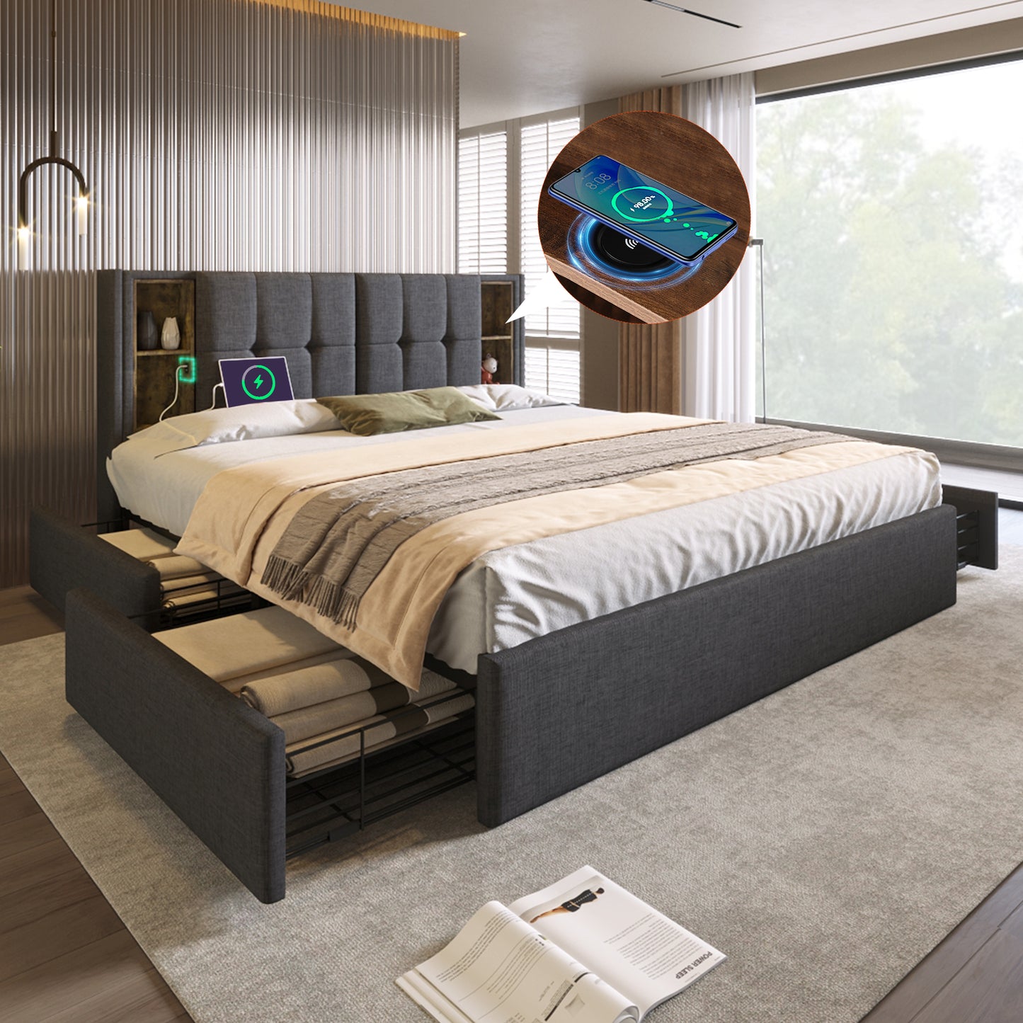 Gigab2b original image - Doppelbett mit Kabellosem Laden USB C& 4 Schubladen , Polsterbett  Bettgestell 160x200cm,Lattenrost aus Holz-Grau Leinen (Ohne Matratze)