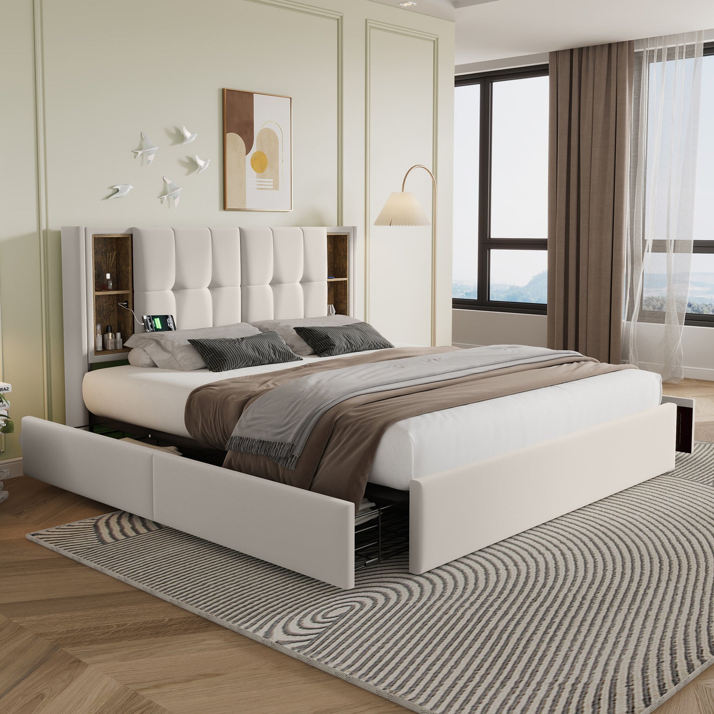 Gigab2b original image - Doppelbett mit Kabellosem Laden USB C& 4 Schubladen , Polsterbett Bettgestell 160x200cm,Lattenrost aus Holz-Beige Samt (Ohne Matratze)