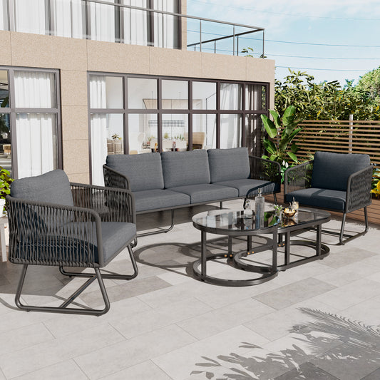 Gigab2b original image - Garten-Lounge-Set mit Rahmen aus verzinktem Eisen, Gartenmöbel-Set aus Seil, graues Seil, verstellbare Füße, Tischplatte aus glattem Glas, 5er-Set, inklusive aller Sitz- und Rückenkissen