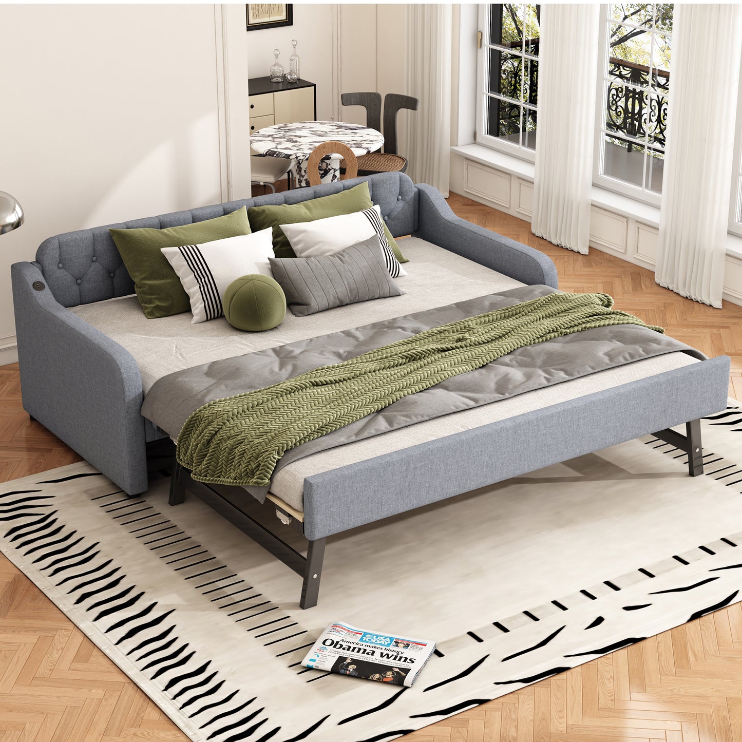 90*200cm Schlafsofa, Tagesbett, mit ausziehbares Rollbett, USB-Anschluss, grau