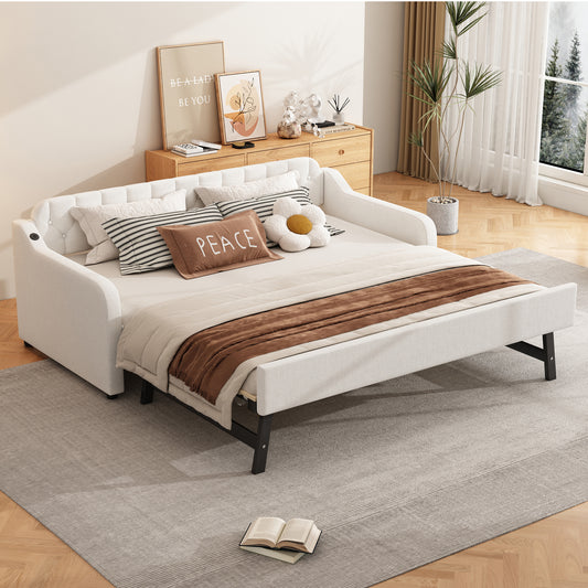 90*200cm Schlafsofa, Tagesbett, mit ausziehbares Rollbett, USB-Anschluss, beige