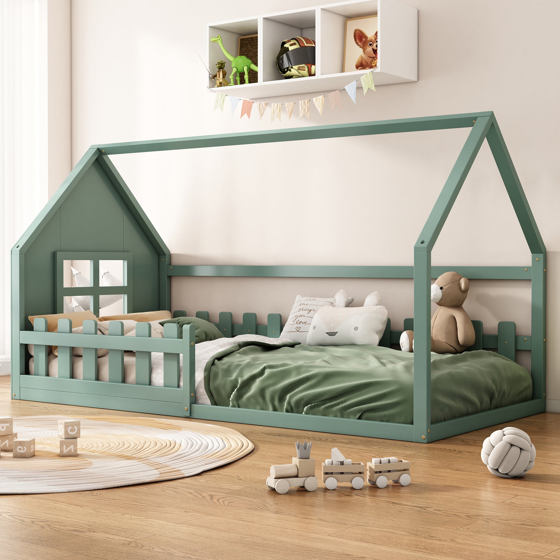 90*200cm Flachbett, Kinderbett, Hausleiste, Grün